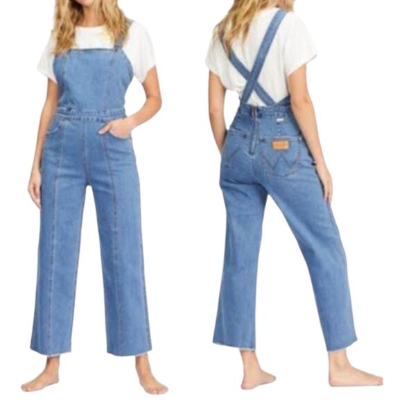 Billabong x Wrangler Sun Western Overalls Womens 26 Blue Raw Hem Stretch Denim - Picture 2 of 13